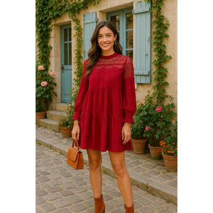 Lace Poet Mini Dress Blouse Sheer Yoke & Puff Summer Gala Party Wedding Event